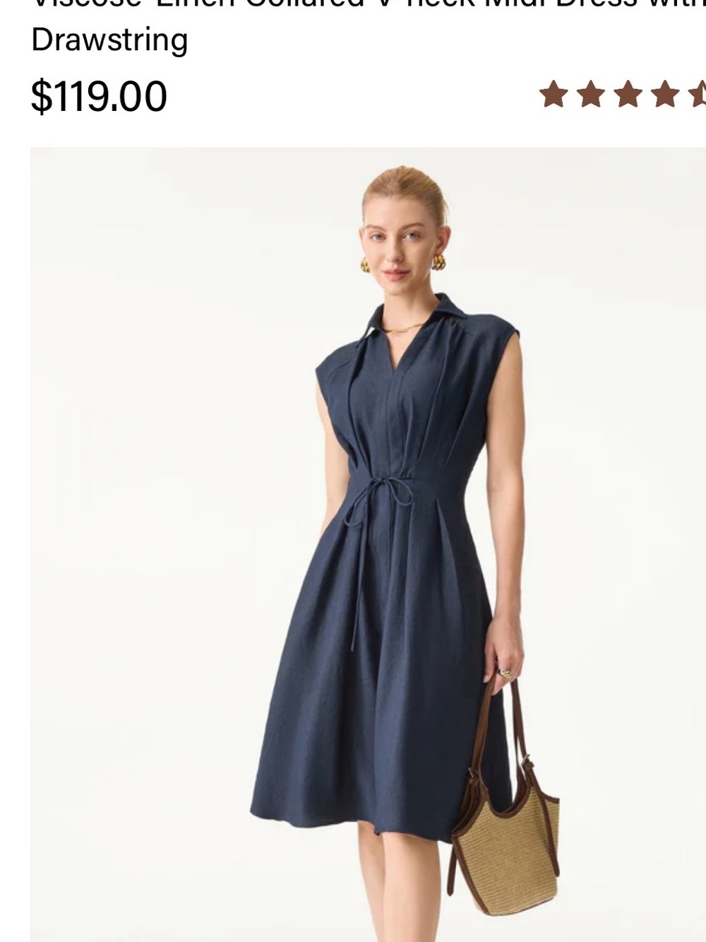 OGL BNWT Sleeveless Collared V-Neck Midi Dress with Drawstring - Navy